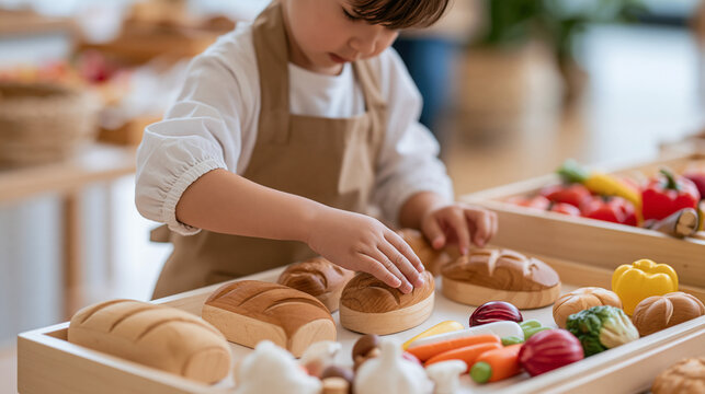 A baker setting out a wooden play kitchen food set including carved bread loaves and vegetables on a child's market stall, imaginative play, role play learning, pretend food toy,