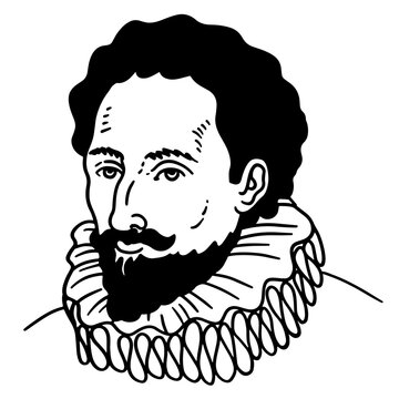 Black and white line art portrait of Miguel de Cervantes, Spanish writer and author of Don Quixote, with a beard and traditional ruff collar, isolated on white.