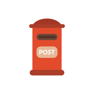 Red post box flat icon. Vector illustration of traditional mail pillar box with letter slot isolated on a white background. Communication and mail delivery concept