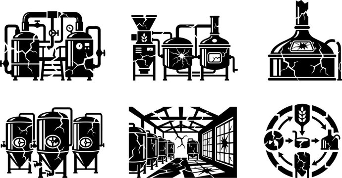 Set of black and white brewery and beer production icons