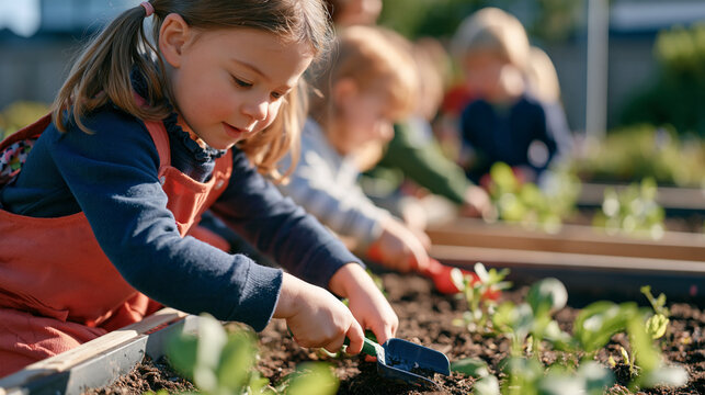 Kindergarten students outdoors in a fenced garden space using small plastic trowels to dig in raised garden beds, planting seeds as a class, early environmental education group