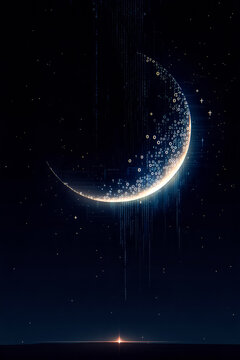 A crescent moon composed of glowing binary digits and digital particles floats against a dark starry background with vertical data streams
