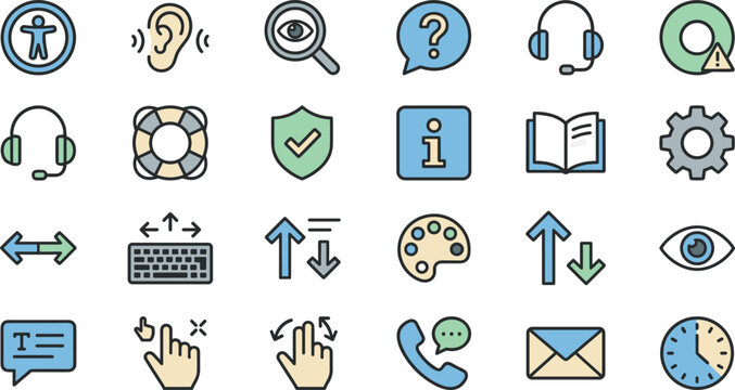 Web Accessibility and Customer Support Icon Set Featuring Assistive Technology Tools Disability Services Communication and Helpful User Interface Symbols for Inclusive Digital Designs
