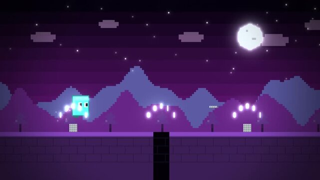 Purple pixel art night landscape with jumping character seamless loop