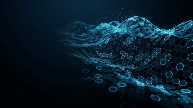 Abstract background, with a flowing, blue hexagonal mesh, and scattered light, particles, representing a, futuristic digital network, and data structure