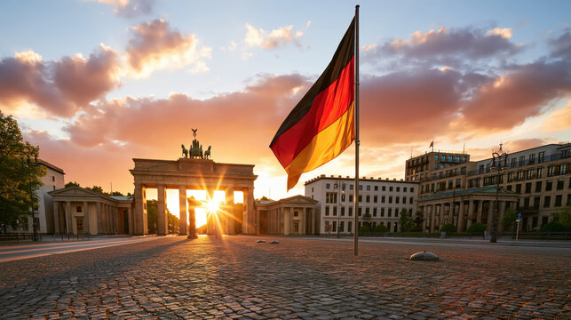 German flag Brandenburg Gate Berlin sunset