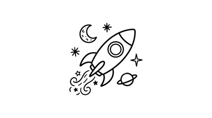 Rocket ship with celestial elements is a black and white line drawing © Tasnim Studio