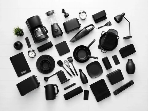 Top view of various black home appliances, kitchenware, and lifestyle gadgets neatly arranged on a white background for Black Friday electronics and home sale