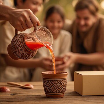 Pouring tea from decorative pot into clay cup. Background shows smiling people enjoying warm gathering. Scene is cozy with soft lighting and natural wood tones