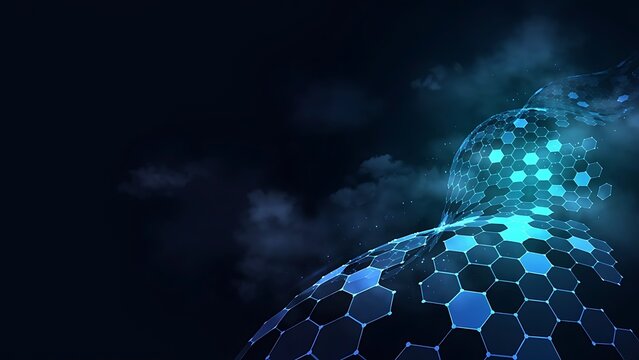 Abstract digital background, with a glowing, blue hexagonal mesh, structure emerging from, dark clouds and, light particles in, a futuristic tech space