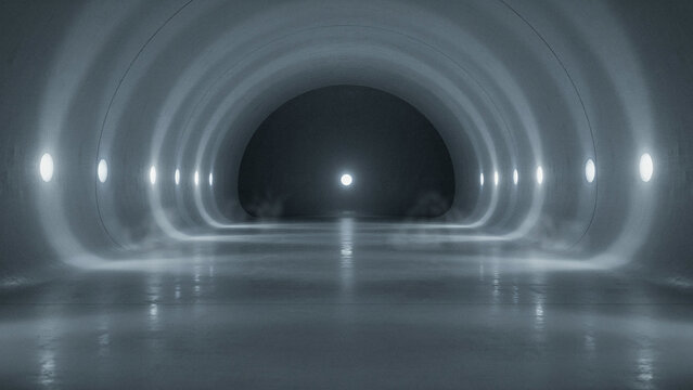Symmetrical view of a long underground concrete tunnel with wall mounted lights underground concrete perspective lighting corridor cylindrical symmetrical infrastructure interior industrial