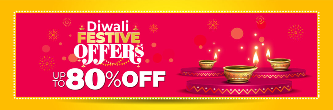 Sale promotion Banner for Diwali background with text "Diwali festive offers up to 80% off" and a podium illustration.