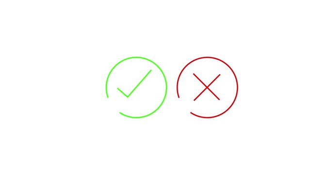 Minimalist animated green checkmark and red cross icons inside circles isolated on white background for correct wrong answer selection