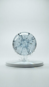 Clear crystal sphere with internal fractals on a gray circular pedestal geometric pedestal transparent abstract decoration minimalist structure refraction sculpture mathematical symmetrical