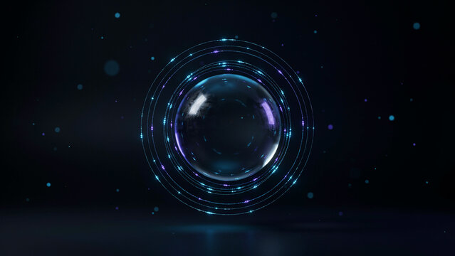 Abstract futuristic glass sphere with glowing digital ring interface on dark background interface hologram technology futuristic abstract innovation particle connection information component