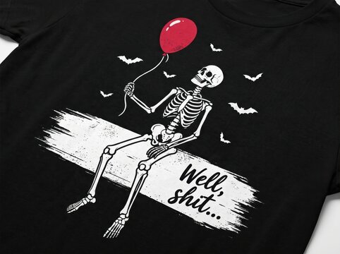 Black t-shirt print design showing skeleton sitting on white stripe holding red balloon with well shit text and flying bats in gothic minimalist style.
