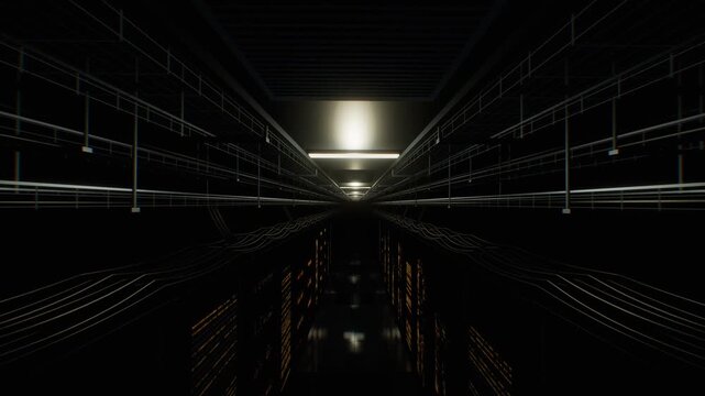 Dark computer mainframe facility with amber glowing rack indicators and overhead white lamps in an endless 3D corridor loop