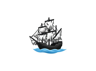 Ghostly Sailing Ship With Torn White Sails Crossing Blue Waves Vector Illustration © Indy