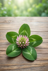 Fototapeta premium Good luck and fortune concept, five leaf clover with pink flower blossom on rustic wooden table for prosperity and success in nature and spring season