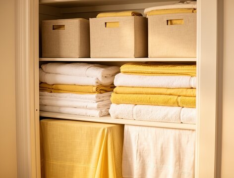 Organized linen closet showcases neatly stacked white and yellow towels along with storage baskets. Soft lighting highlights cleanliness and order in minimalistic design