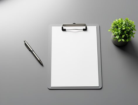 Clipboard with blank paper placed on minimalist gray desk. Pen lies beside clipboard and small potted plant adds touch of green. Modern and clean workspace setting