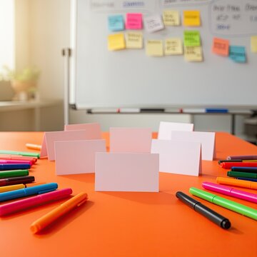 Colorful markers and blank cards are arranged on orange table. Bright background shows whiteboard with sticky notes. Scene conveys creativity and organization