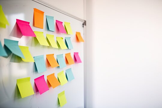 Colorful sticky notes arranged on whiteboard create vibrant workspace. Bright yellow, pink, blue, and orange notes contrast with clean white background. Ideal for brainstorming and organization