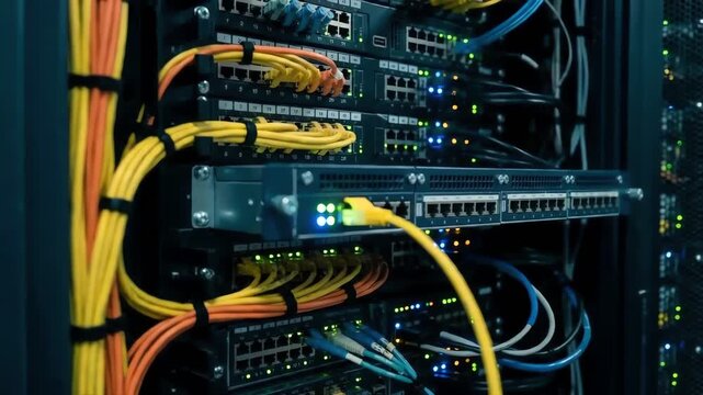 It technician connecting yellow network cable into server rack