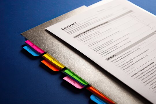 Contract document with colorful sticky notes on edge lies on blue surface. Pages are neatly organized with metallic background. Highlighted sections create visual interest