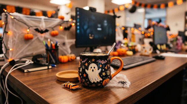 Halloween decorated office desk with ghost mug, candy and spider. Festive workplace holiday decor and seasonal celebration. Office Halloween party and autumn workday concept.