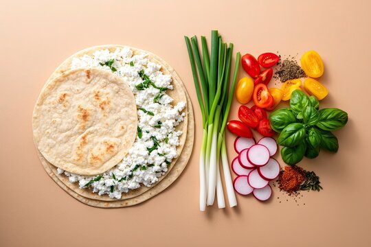 Tortillas filled with fresh cheese and vegetables are displayed on smooth surface. Colorful tomatoes, radishes, green onions, and basil enhance vibrant composition