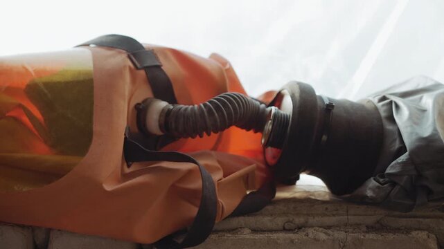 Close up of abandoned orange hazmat respirator lying on cracked concrete ledge inside derelict building, rubber breathing hose attached to facepiece, visor reflecting muted light, background