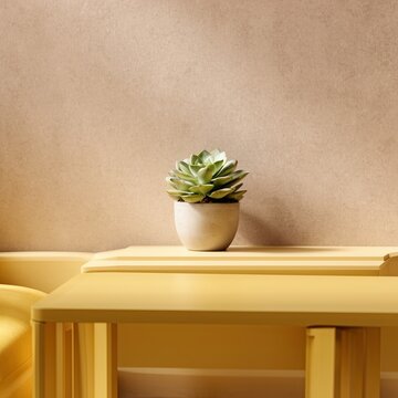 Succulent plant in pot sits atop yellow table in bright interior. Background features neutral toned wall with soft light enhancing colors. Simple and minimalistic decor
