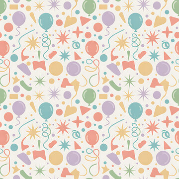 A pastel colored confetti pattern features balloons bow ties and starbursts across a seamless design celebration festive party balloons