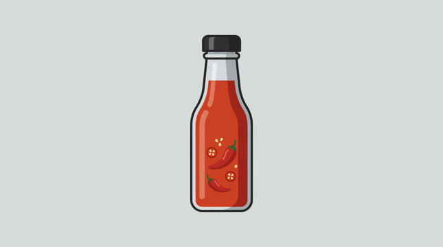 Glass bottle with red spicy sauce and chili peppers isolated on gray background