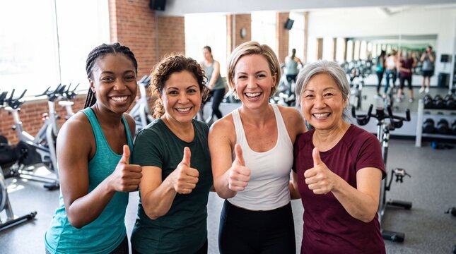 Diverse group of four women posing and smiling with thumbs up in a well-equipped gym
