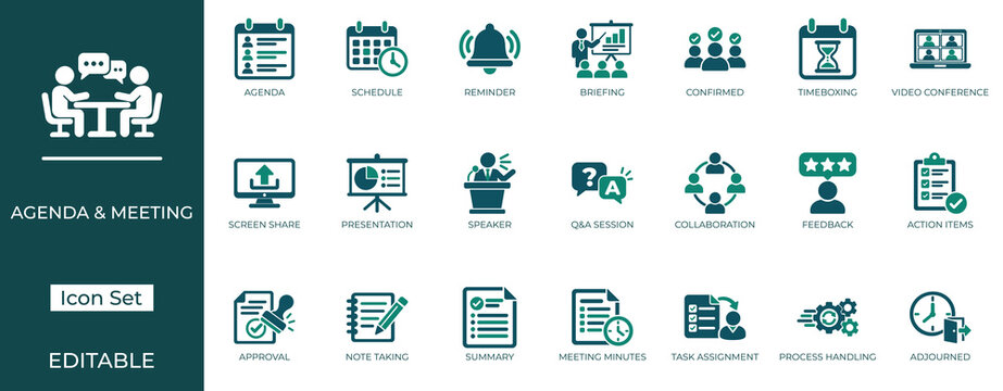 Agenda and meeting solid icon set featuring video conference, screen share, timeboxing, presentation, and note taking symbols. Vector icons for corporate office and business.