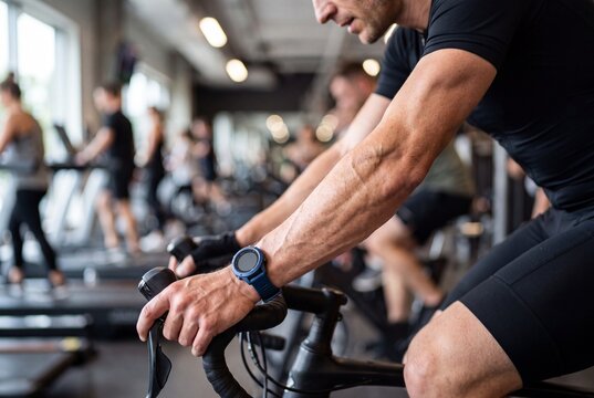 Close-up of a man in black cycling outfit gripping handlebars on stationary bike in indoor gym workout session