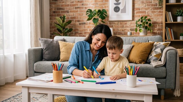 Commercial lifestyle stock photo of a mother helping her young son draw with colorful markers on paper at a coffee table in a modern living room.