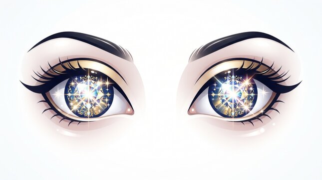 Luxurious glamorous eyes with sparkling diamond jewel iris, blue gold ornate pattern, bright glitter stars, gold eyeshadow, black lashes, elegant magical eye illustration sticker.