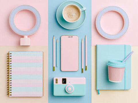 Pastel flat lay with coffee, camera, notebook, phone, pencils and ring light arranged on colorful creator desk workspace