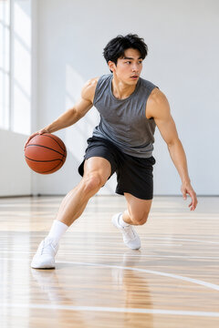 Basketball Player Dribbling in a Low Stance