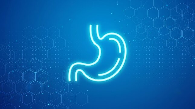 Stomach care. Treatment of stomach and digestive system diseases. Stomach icon. Gastroenterology clinic medical banner. Molecular structure. blue abstract background