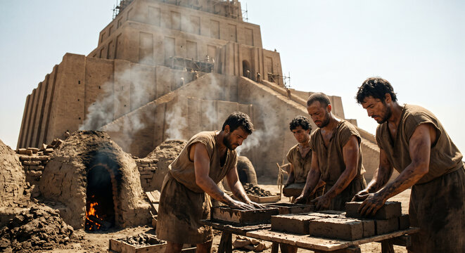 Builders baking bricks for the Tower of Babel, Genesis 11 Old Testament biblical scene, ancient Babylon, brickmakers, religious illustration