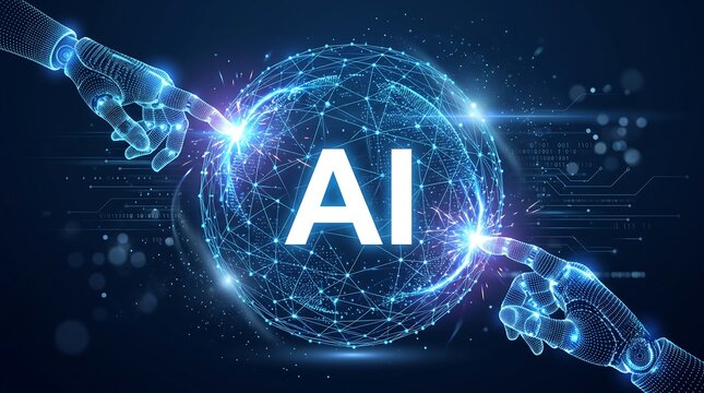 AI. Artificial Intelligence. Hands of Robot and Human touching sphere grid wave with binary code. Artificial Intelligence abstract science background