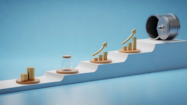 Financial growth concept with stacks of gold coins and bar charts on a stepped path leading to a metallic vault representing wealth security