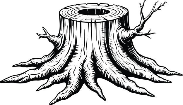 Old tree stump with roots hand drawn engraving style vector graphic element for forest landscape.