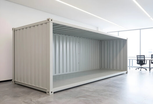Modular office construction and sustainable architecture, shipping container interior converted into a modern workspace in a bright corporate building