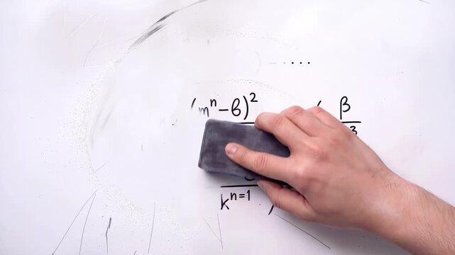 Hand erasing complex mathematical equations from whiteboard. Academic problem solving and education concept. Static close-up shot.