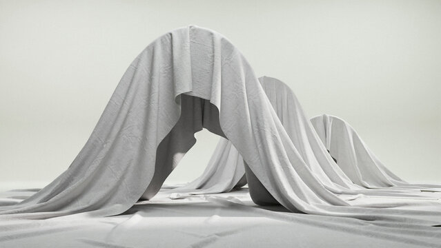 White fabric draped over curved structures creating an abstract landscape design with material sculpture structure abstract minimalist creative monochrome installation exhibition contemporary